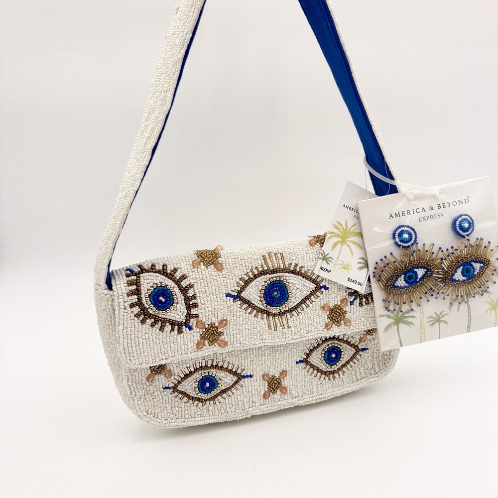 America & Beyond Beaded Evil Eye Shoulder Bag Purse Blue‎ White Gold